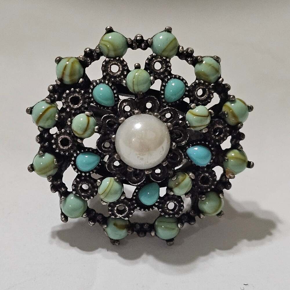 Lucky Brand Silver Tone Faux Pearl Turquoise Mandala Adjustable Cocktail Ring